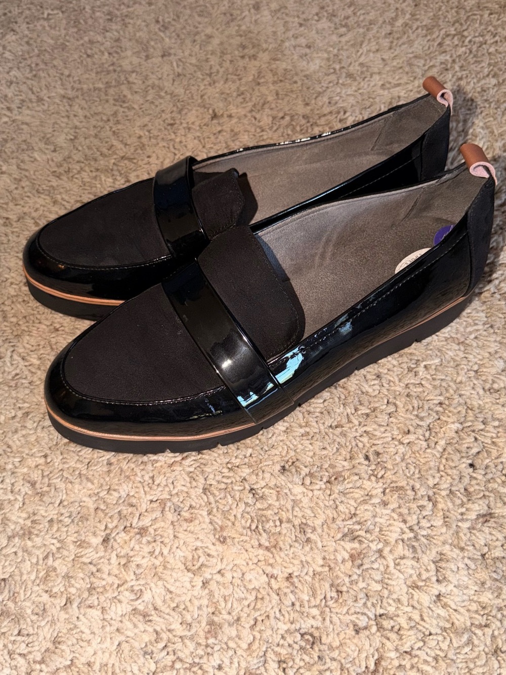 Dr. Scholl's Black Patent Trim Slip-On Loafers with Tan Accent